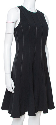 Ralph Lauren Black Wool Leather Paneled Flared Clarissa Dress M
