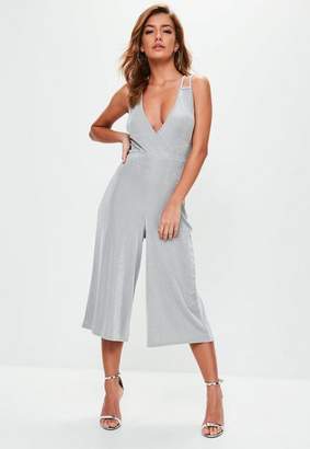Missguided Grey Slinky Wrap Front Culotte Jumpsuit, Grey