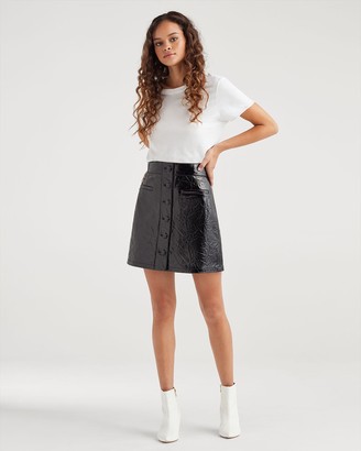 7 For All Mankind Button Front Leather Skirt in Jet Black