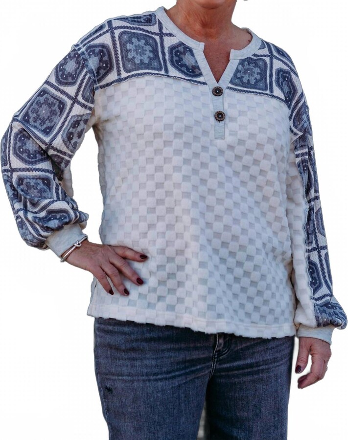 Multiples Drop Shoulder Y-Neck Top In Snow Leopard