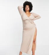Thumbnail for your product : ASOS Curve ASOS DESIGN Curve rib shirt twist maxi dress with high split in stone