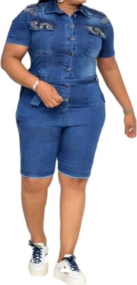 Katenyl Women's Summer Plus Size Short-Sleeved Single-Breasted Washed Denim  Jumpsuit Stand-up Collar Mid-Waist Straight Leg Jeans XX-Large - ShopStyle