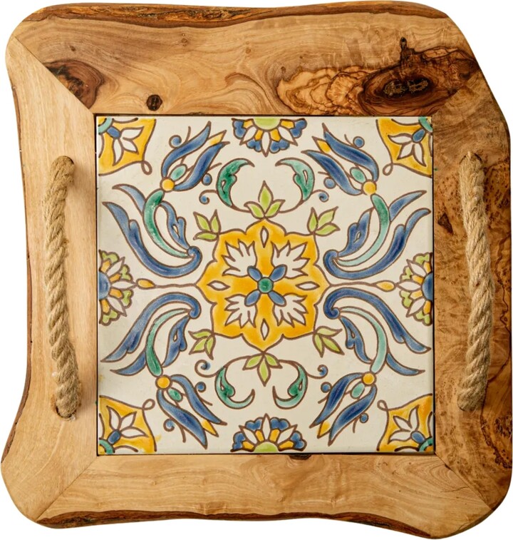 Uncommon Goods Tunisian Tile Olive Wood & Ceramic Serving Tray