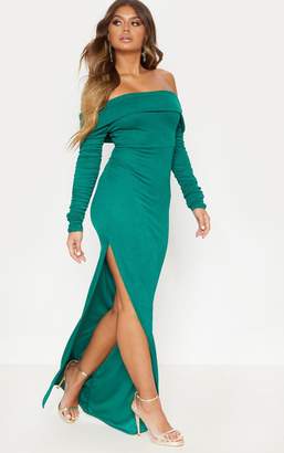 PrettyLittleThing Emerald Green Bardot Long Sleeve Split Detail Maxi Dress