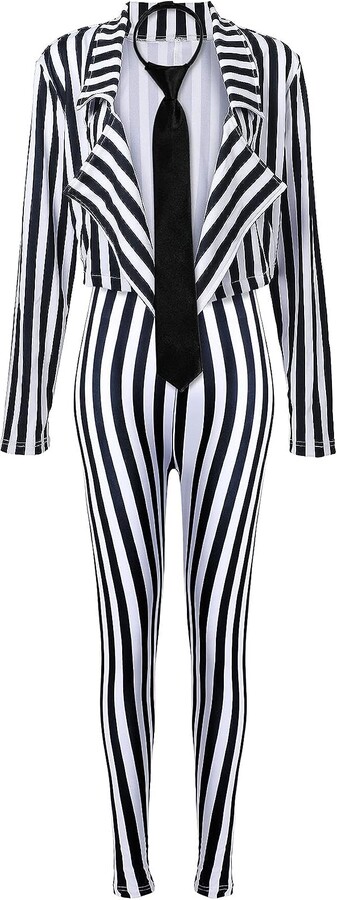 Women's Black White Vertical Striped Kit Include Blazer Length Pant with Tie
