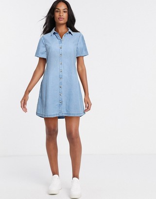 ASOS DESIGN soft denim smock shirt dress in midwash blue - ShopStyle