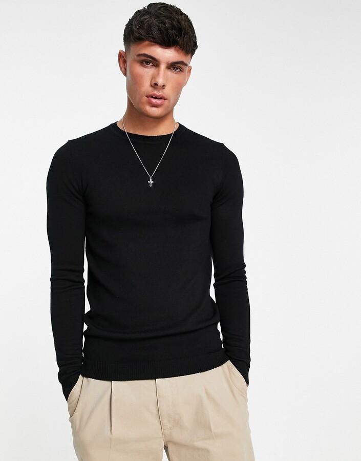 ASOS DESIGN muscle fit merino wool crew neck jumper in black