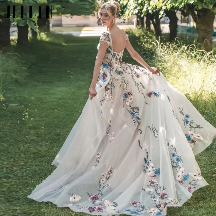 JEHETH Sparkly Colorful Embroidery Tulle A Line Wedding Dress Boat Neck Backless Plus Size Garden Bridal Gown Customized