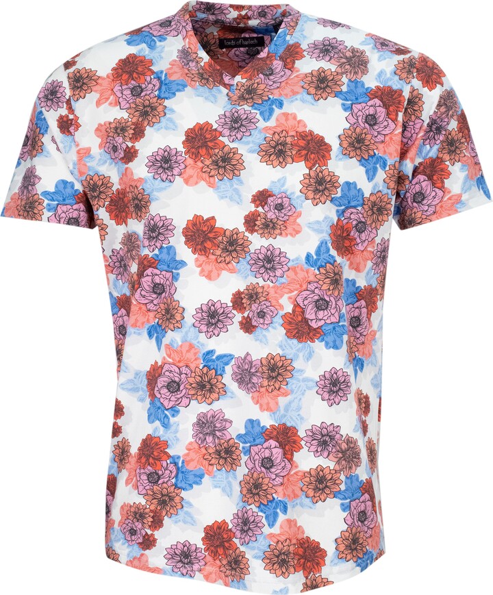 Lords of Harlech Pink Maze Snap Floral V-Neck Tee - Melon
