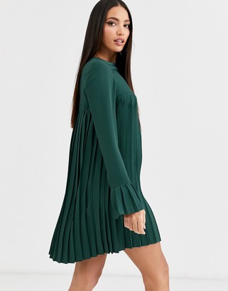 ASOS Tall DESIGN Tall pleated trapeze mini dress with long sleeves in forest green