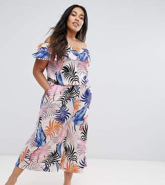 New Look Plus New Look Curve Palm Print Ruffle Culotte Jumpsuit