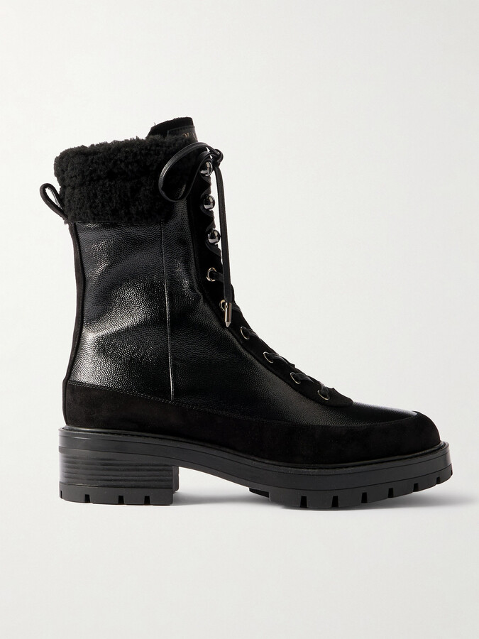 Aquazzura - Very Cortina 20 Shearling-lined Suede-trimmed Glossed Textured-leather Combat Boots - Black