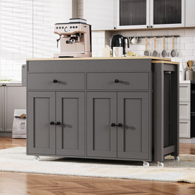 74.5" Rolling Kitchen Island Cart With Extendable Dining Table, 4-Door Cabinet, 2 Drawers & Spice Rack - Grey