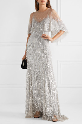 Monique Lhuillier Layered Embellished Tulle Gown - Silver