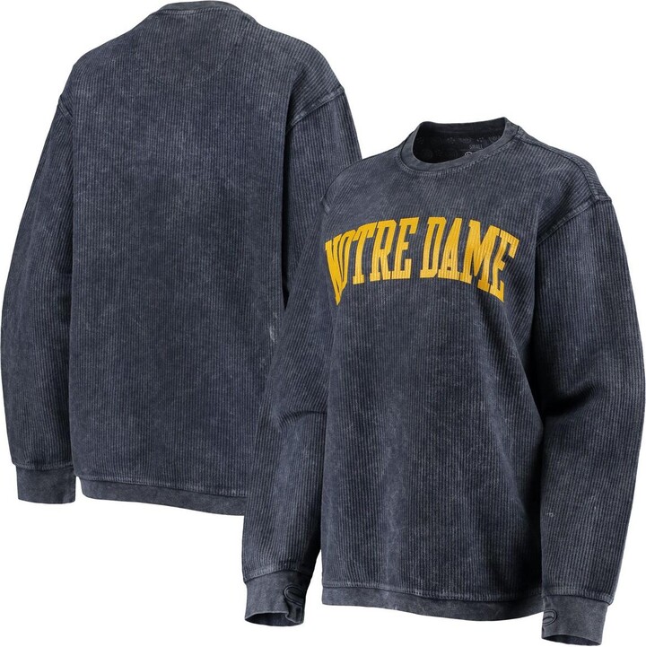 Women's Pressbox Navy Distressed Notre Dame Fighting Irish Comfy Cord Vintage-Like Wash Basic Arch Pullover Sweatshirt