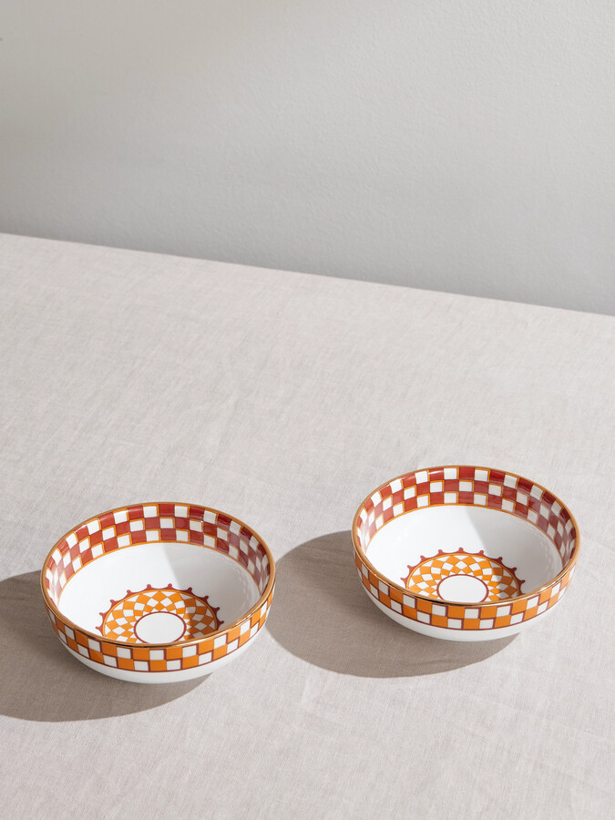 Set of Two Gold-Plated Painted Porcelain Snack Bowls