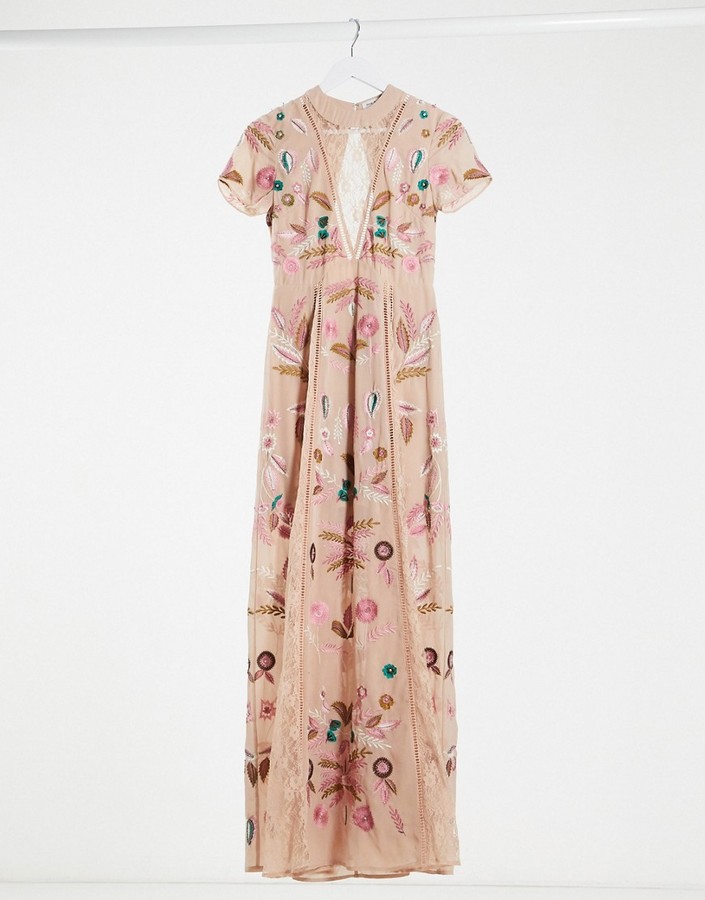 embroided maxi dress with lace insert 