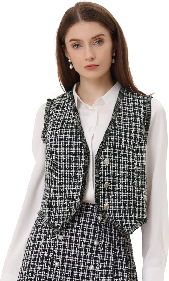 Unique Bargains Plaid Waistcoat for Women’s Fringe Trim Tweed Suit Vest M Black