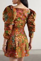 Thumbnail for your product : Oscar de la Renta Pleated Floral-print Cotton-blend Poplin Mini Dress - Brown