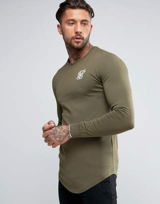 SikSilk Long Sleeve Muscle T-Shirt In Khaki