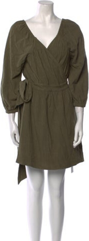 Rachel Pally Wrap Dress Green Pleated, Ruffle & Embroidered Accents Three-Quarter Sleeve with V-Neck Sash-Tie Closure at Front