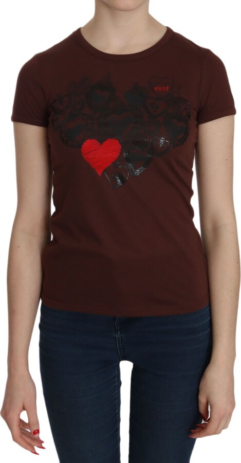 Exte Heart Print Crew Neck T-shirt Short Sleeve Women's Blouse