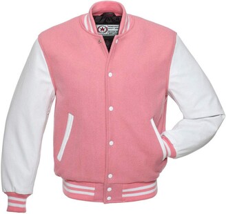 Modernage Classic Hybrid Varsity Jacket University Letterman Bomber Jacket- Pure Wool Body & Real Leather Sleeves (Pink - White