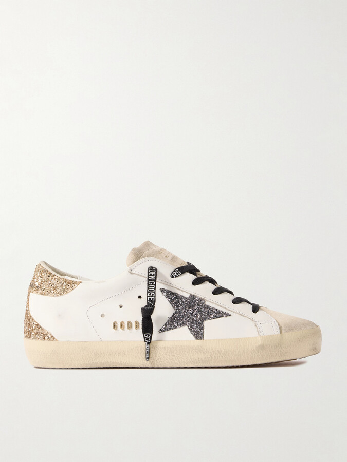Golden Goose Super-star Distressed Suede-trimmed Glittered Leather Sneakers - White