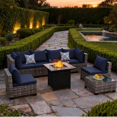 Ebern Designs 8 Piece Patio Conversation Sets With Fire Pit Table