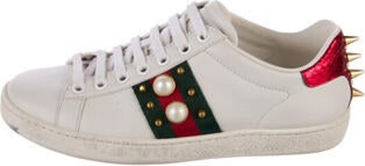 Gucci Leather Low Top Sneakers White Colorblock Pattern Faux Pearl Accents & Web Accent Round-Toes with Studded Accents Lace-Up Closure at Uppers Includes Box Designer