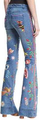 Alice + Olivia Ryley Embroidered Low-Rise Bell-Bottom Jeans, Multicolor