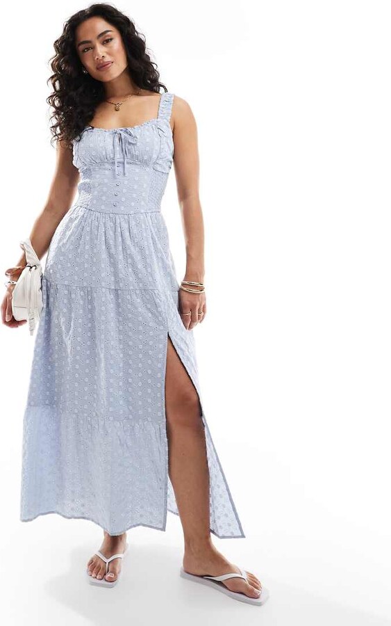 Hollister embroidered maxi dress with thigh split in blue