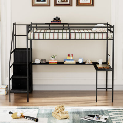 Trent Austin DesignÂ® Full Size Metal Loft Bed With L-Shaped Desk, LED Lights, Charging Cradle, LED Loft Bed Frame, Full Size Bed With One Cabinet Wardrobe And 2 Fabric Dra