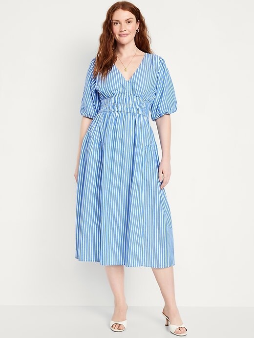 Waist-Defined Puff-Sleeve Midi Dress