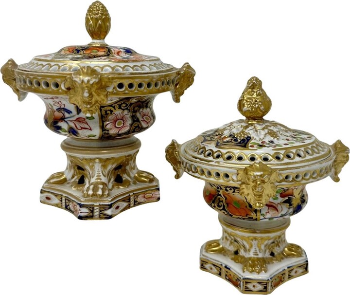 Royal Crown Derby Porcelain Antique Regency English Crown Derby Pair Urns Vases Pot Pourri Centerpieces 1815