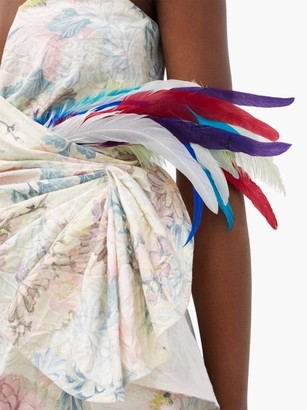 ATTICO Floral-print Feather-trimmed Strapless Mini Dress - White Multi