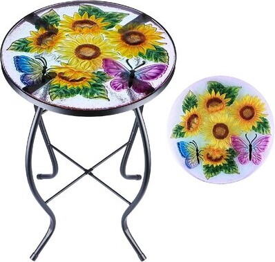 Liffy Outdoor Mosaic Side Table Ladybug Bench Small Patio Round Printed Glass Table for Garden Yard or Lawn 