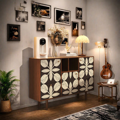 East Urban Home Durable Walnut Cabinet with Doors and Drawers