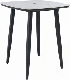 Modern 35.4'' Rounded Square Outdoor Bar Table, Greek White Marble-Inspired Sintered Stone Top, Umbrella Hole, Rust-Free Aluminum Frame, Weatherproof