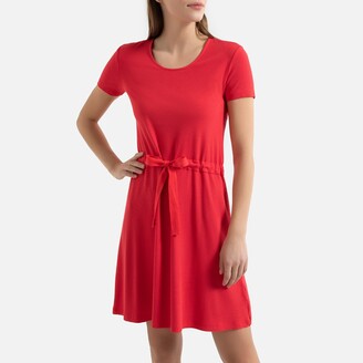 La Redoute Collections Knitted Mini Dress with Drawstring Waist and Short Sleeves