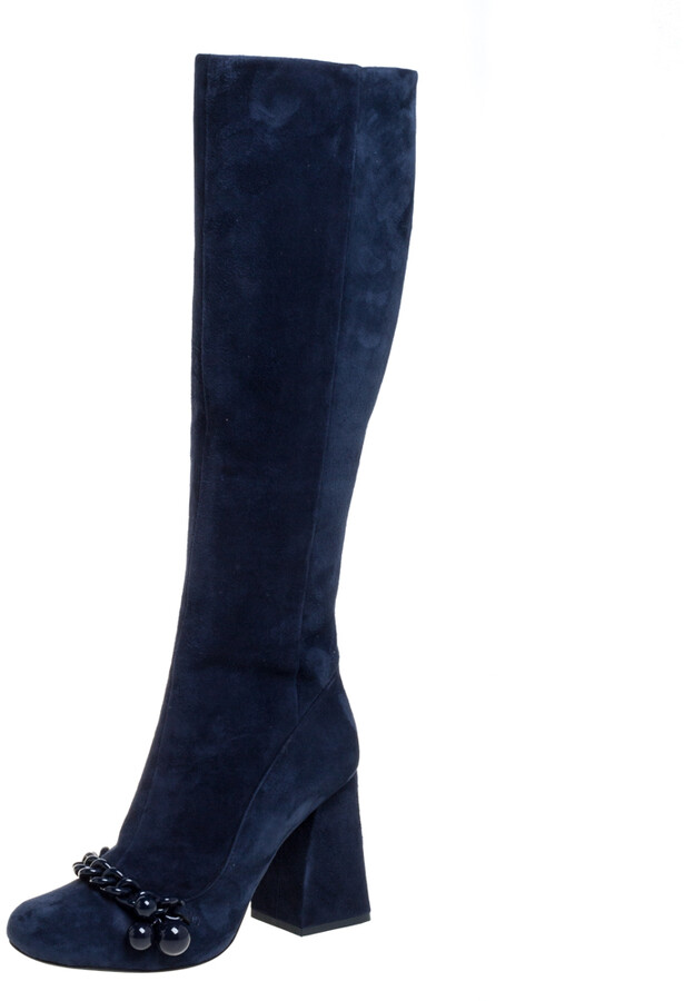 Tory Burch Blue Suede Leather Chain Detail Square Toe Knee Length Boots  Size 37 - ShopStyle