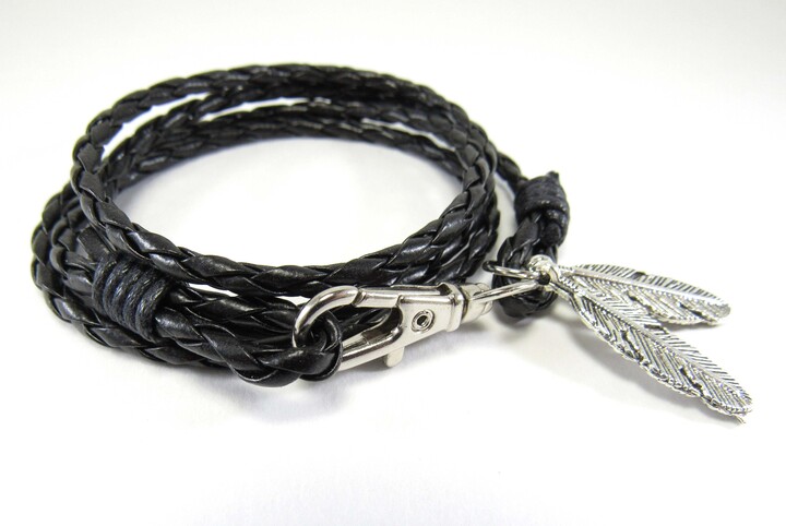 Etsy Black Faux Leather Braided Multi-Wrap Bracelet, Sliver Feather Charms, Silver Tone Closure, Men's Jewelry, Women's Bracelet