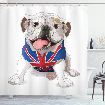 East Urban Home English Bulldog Shower Curtain Puppy with Flag Cream Navy Blue Red