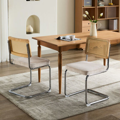 2 Mid Century Modern Dining Chairs, Velvet Covered Chairs With Natural Cane Back & Stainless Steel Base. Noticeable Air Flow. Hand-woven In Oak Nuance