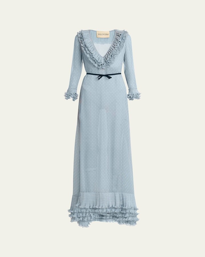 Polka Dot Layered Ruffle Sheer Gown with Ribbon