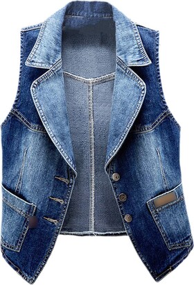 Kelsiop Single Breasted Denim Vest Jacket Women's Fall Sleeveless Jeans Vest  Jacket Bomber Jacket blue XXL - ShopStyle