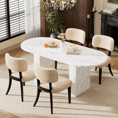 Latitude Run Oval Dining Table Set 62.9In MDF Tabletop With 4-6 Upholstered Fabric Dining Chairs For Kitchen Dining Room