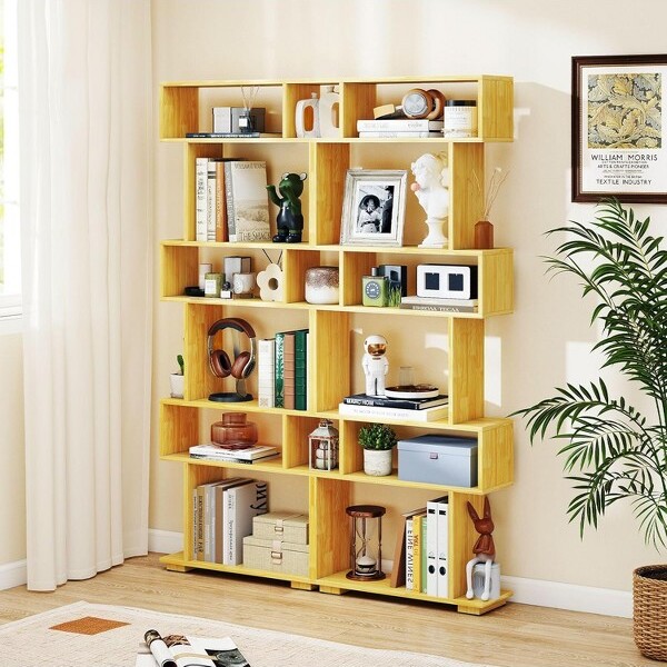 YIGII Walnut6-TierS-ShapedBookcaseSetof2|Anti-TipGeometricDisplayStorageShelfforOfficeLivingRoomBurlywood-28\