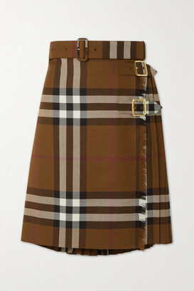 Burberry - Belted Frayed Checked Wool Skirt - Brown