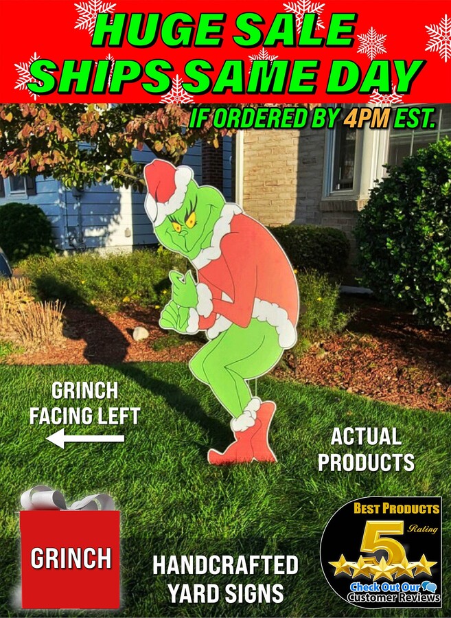 Huge LEFT Facing Grinch Stealing Christmas Lights Water Proof UV protectant Fast Free Shipping yard decorations, Yard Art Christmas